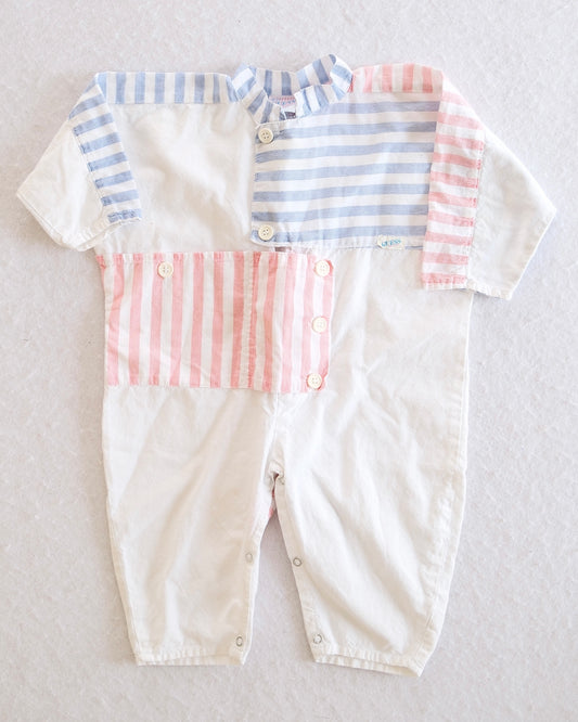 Vintage Baby Guess White Romper with Pink and Blue Striped Colorblock Detail: Size 12M - Yellow Clover Vintage Kids Clothes