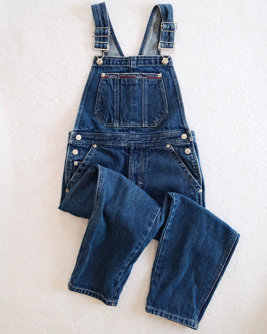 Vintage Tommy Hilfiger Jeans Dark Wash Denim Overalls with Flag Logo Back: Size 7 - Yellow Clover Vintage Kids Clothes