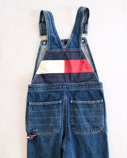 Vintage Tommy Hilfiger Jeans Dark Wash Denim Overalls with Flag Logo Back: Size 7 - Yellow Clover Vintage Kids Clothes