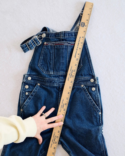 Vintage Tommy Hilfiger Jeans Dark Wash Denim Overalls with Flag Logo Back: Size 7 - Yellow Clover Vintage Kids Clothes