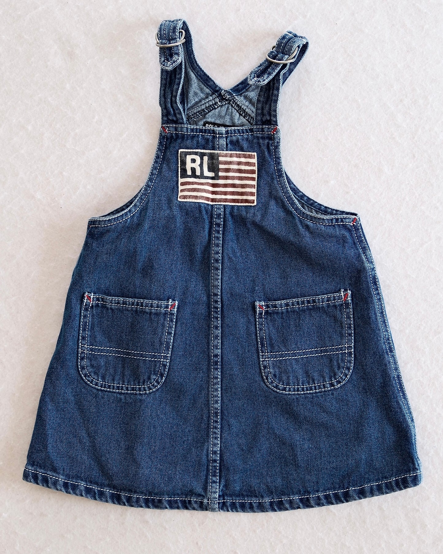 Vintage Polo Jeans Co. Ralph Lauren Denim Overall Dress with RL Flag Patch: 24m - Yellow Clover Vintage Kids Clothes