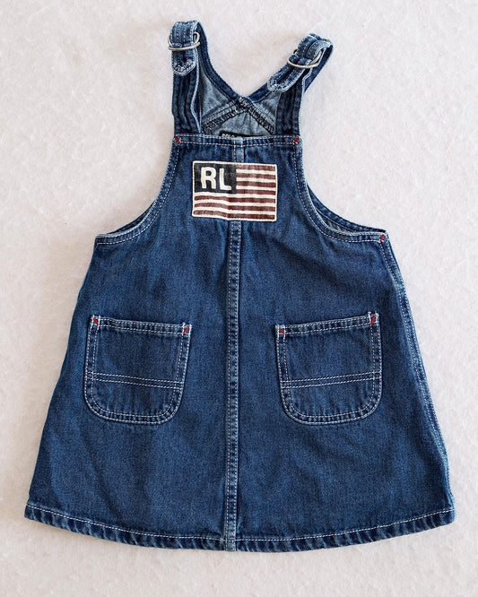 Vintage Polo Jeans Co. Ralph Lauren Denim Overall Dress with RL Flag Patch: 24m - Yellow Clover Vintage Kids Clothes