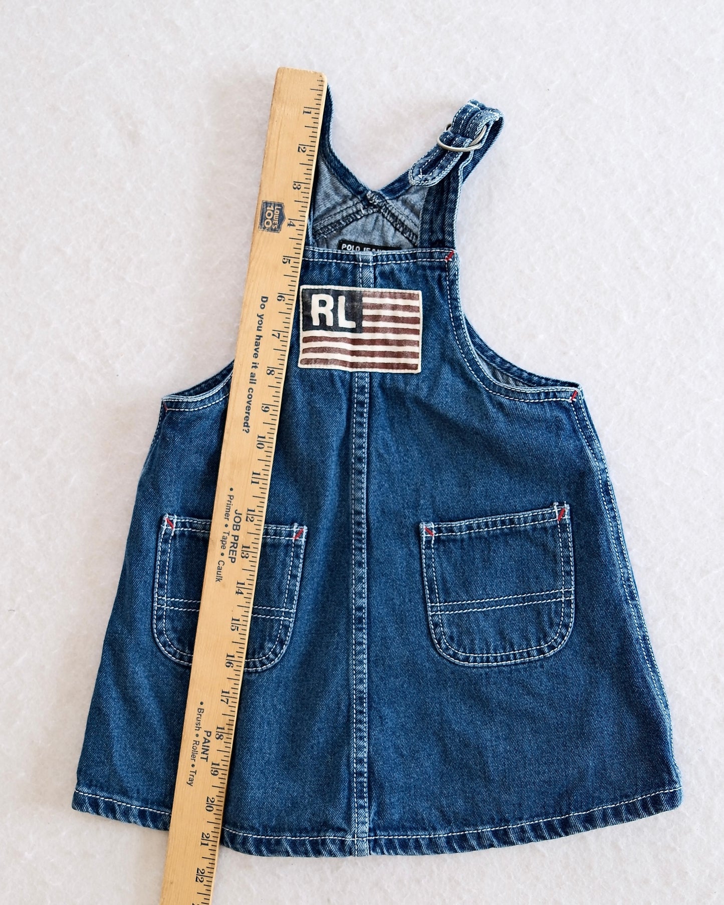 Vintage Polo Jeans Co. Ralph Lauren Denim Overall Dress with RL Flag Patch: 24m - Yellow Clover Vintage Kids Clothes