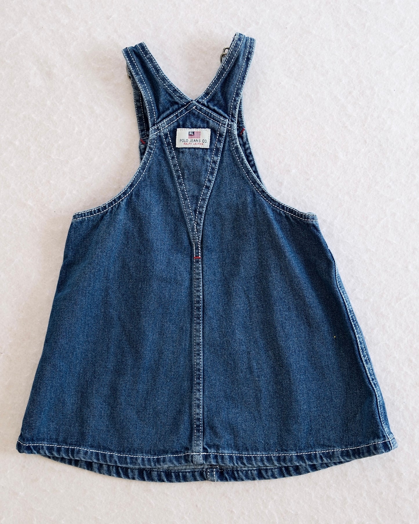 Vintage Polo Jeans Co. Ralph Lauren Denim Overall Dress with RL Flag Patch: 24m - Yellow Clover Vintage Kids Clothes