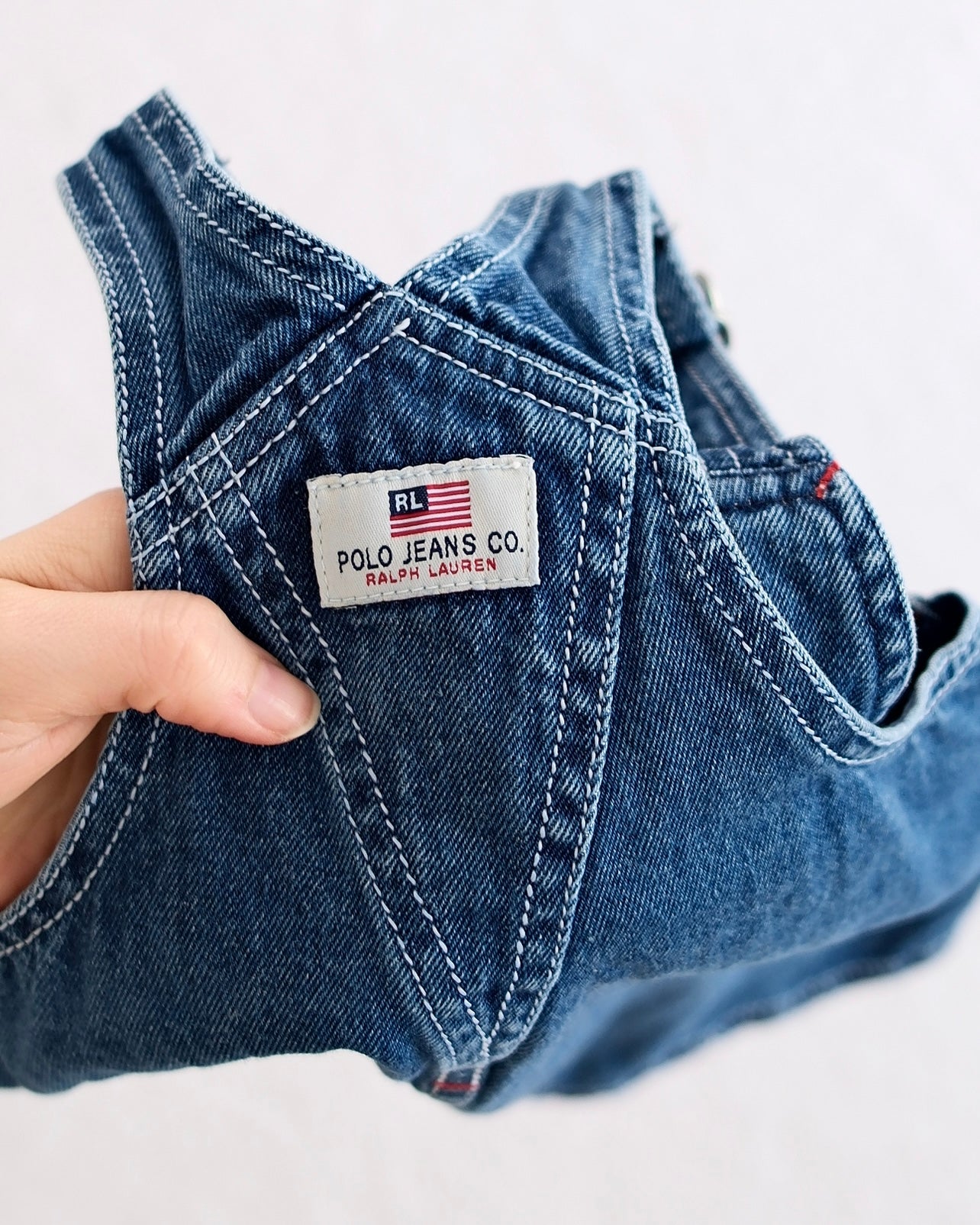 Vintage Polo Jeans Co. Ralph Lauren Denim Overall Dress with RL Flag Patch: 24m - Yellow Clover Vintage Kids Clothes