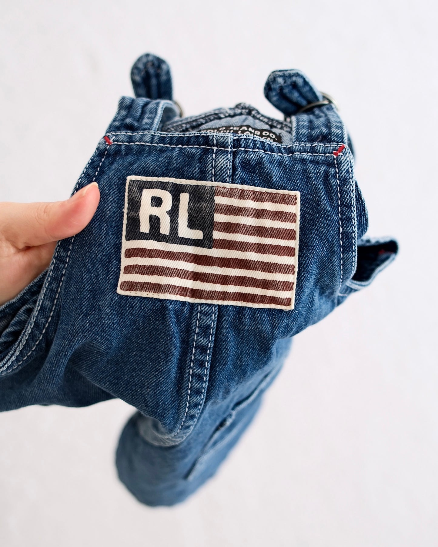 Vintage Polo Jeans Co. Ralph Lauren Denim Overall Dress with RL Flag Patch: 24m - Yellow Clover Vintage Kids Clothes