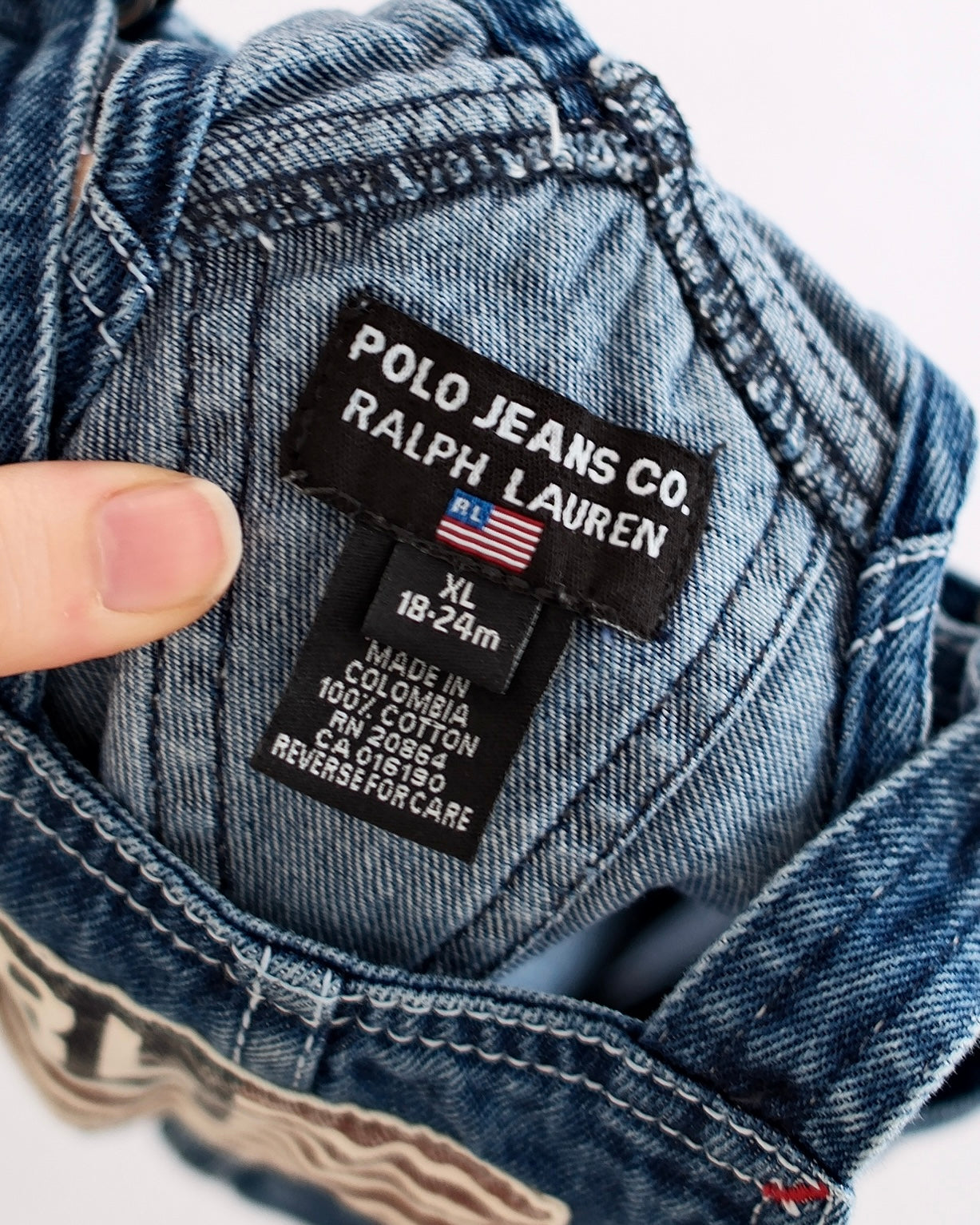 Vintage Polo Jeans Co. Ralph Lauren Denim Overall Dress with RL Flag Patch: 24m - Yellow Clover Vintage Kids Clothes