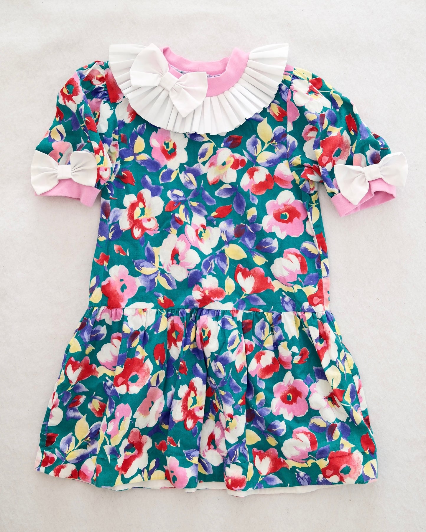 Vintage Drop-Waist Teal Floral Bow Dress: 6y?