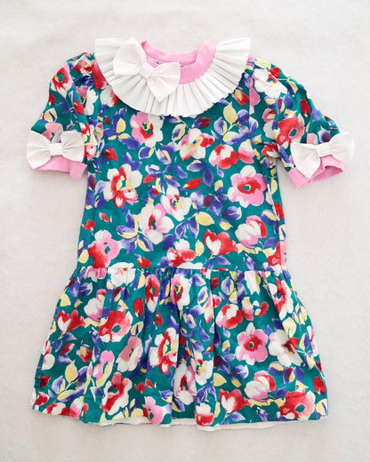 Vintage Drop-Waist Teal Floral Bow Dress: 6y?