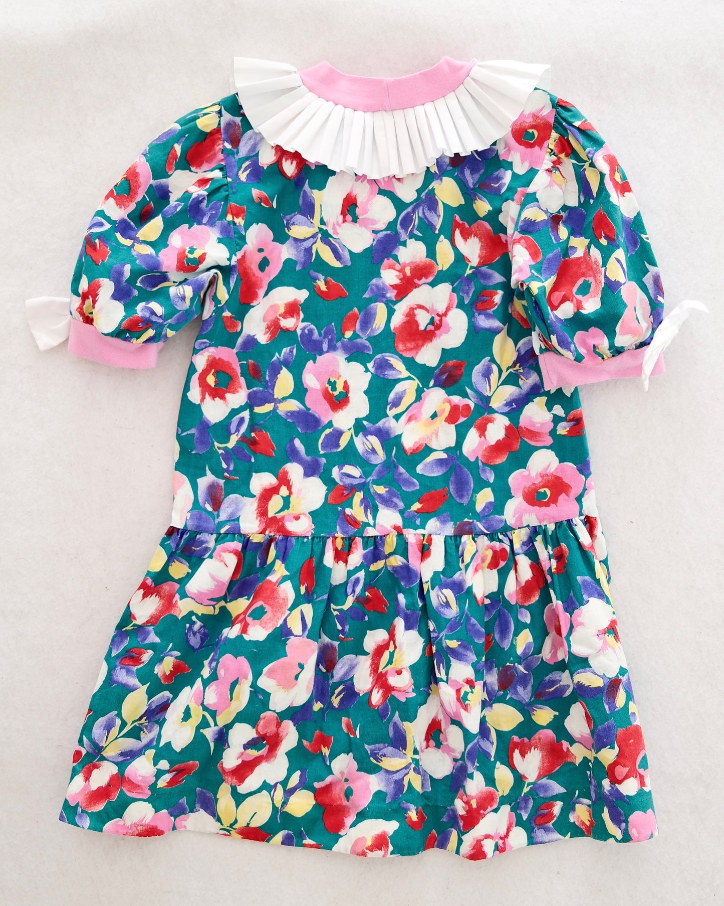 Vintage Drop-Waist Teal Floral Bow Dress: 6y?