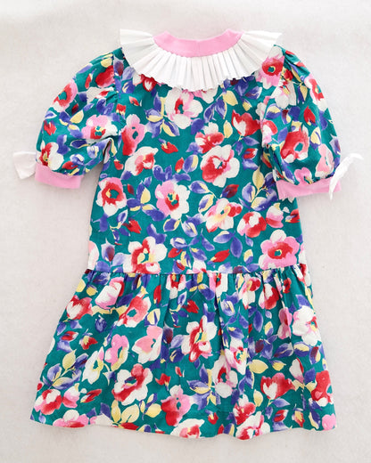 Vintage Drop-Waist Teal Floral Bow Dress: 6y?