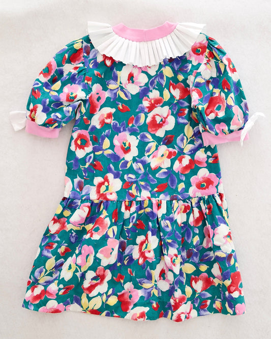 Vintage Drop-Waist Teal Floral Bow Dress: 6y?