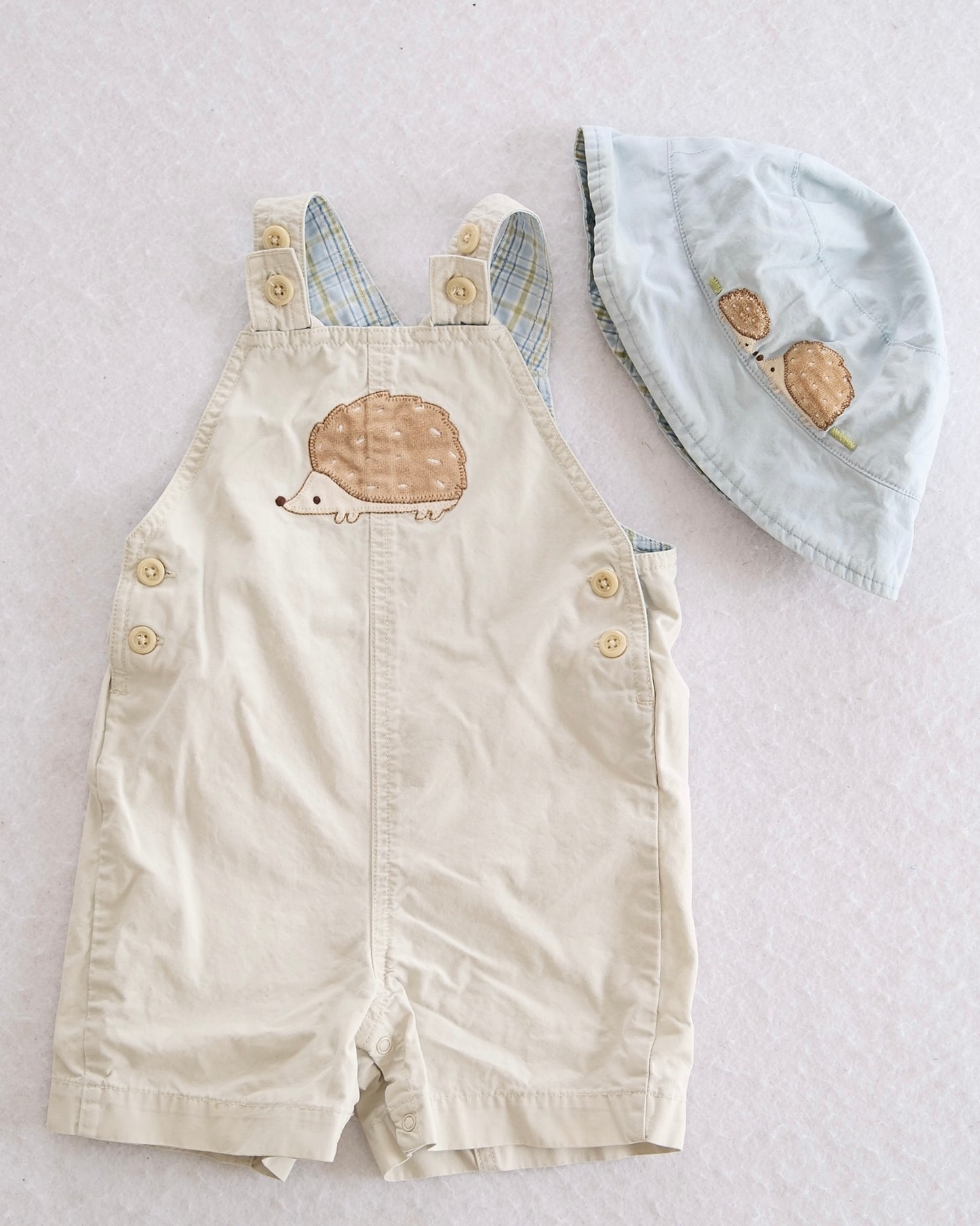 Y2K Gymboree Hedgehog Appliqué Overalls & Sun Hat Set: 18-24 Months - Yellow Clover Vintage Kids Clothes