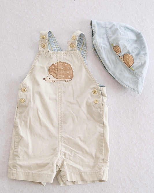 Y2K Gymboree Hedgehog Appliqué Overalls & Sun Hat Set: 18-24 Months - Yellow Clover Vintage Kids Clothes