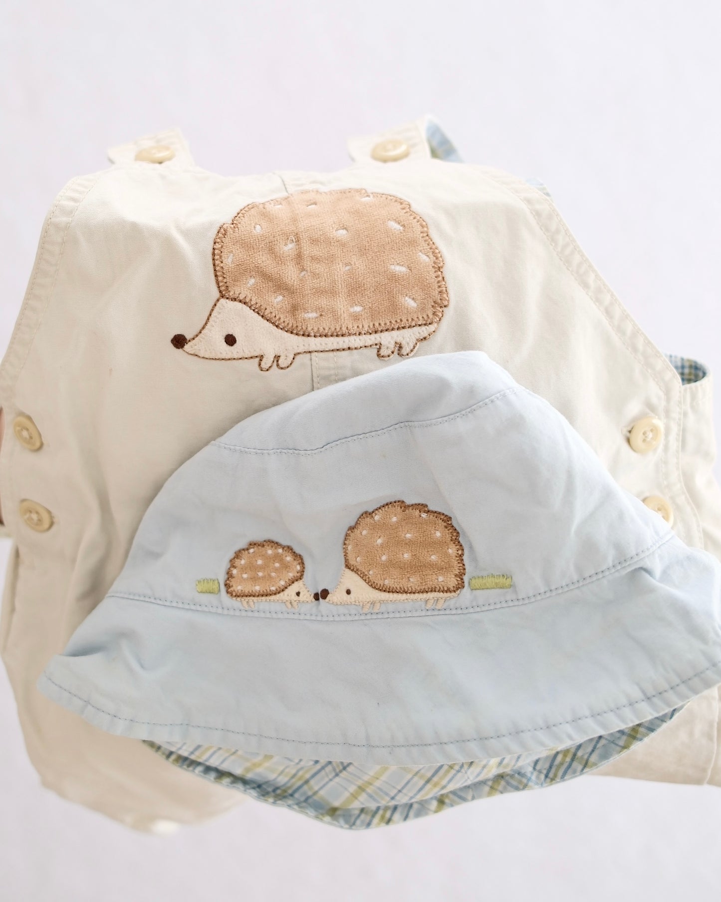 Y2K Gymboree Hedgehog Appliqué Overalls & Sun Hat Set: 18-24 Months - Yellow Clover Vintage Kids Clothes