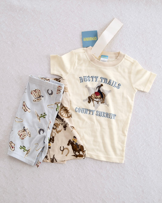 Y2K Gymboree NWT Home on the Range "Rusty Trails County Sheriff" Pajama Tee & Shorts Set: Size 4 - Yellow Clover Vintage Kids Clothes