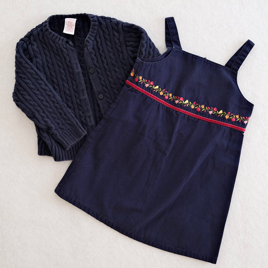 2002 Vintage Gymboree Apple for the Teacher Floral Embroidered Jumper Dress & Cable Cardigan Set, size 3