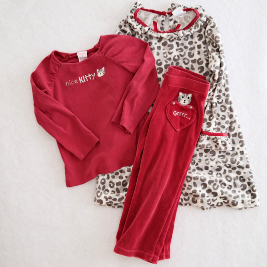 2003 Vintage Gymboree Tiger Love "Nice Kitty" Velour Top, Pants & Leopard Nightgown Set, size 3