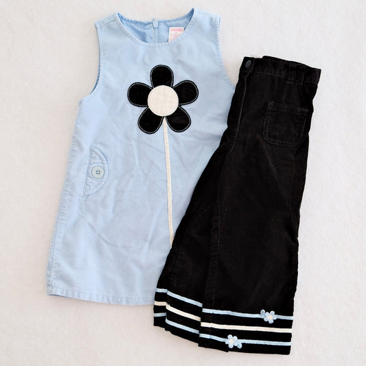 2004 Vintage Gymboree Panda Club Daisy Corduroy Jumper Dress & Black Cord Pants Set, size 3T