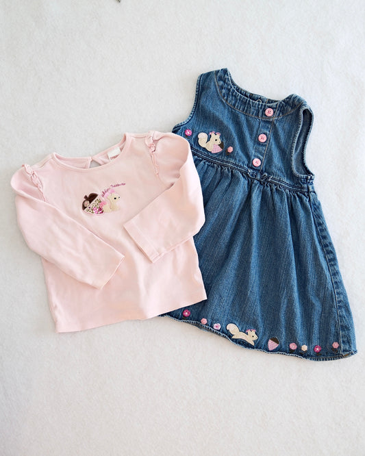2005 Vintage Gymboree Pretty in Plum Squirrel Denim Jumper Dress & Pink Top Set, size 3T
