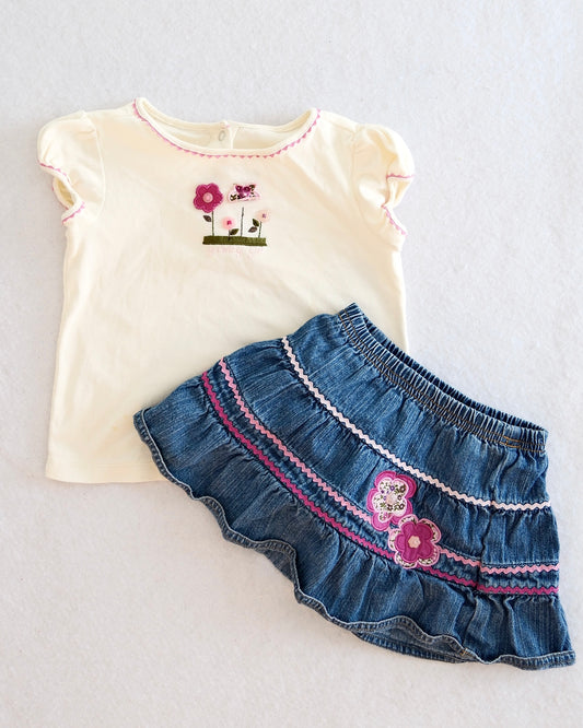 2005 Vintage Gymboree Pretty in Plum "Growing Girl" Floral Top & Tiered Denim Skirt Set, size 3T
