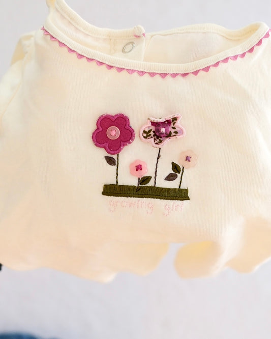 2005 Vintage Gymboree Pretty in Plum "Growing Girl" Floral Top & Tiered Denim Skirt Set, size 3T