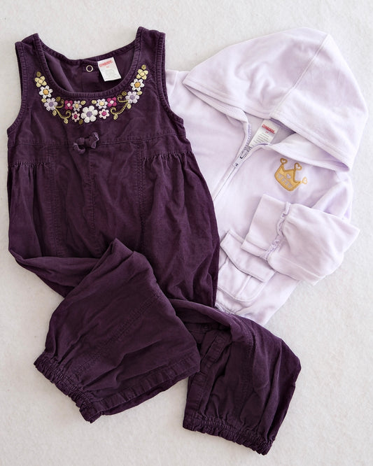 2006 Vintage Royal Gardens Gymboree Purple Corduroy Romper & Lavender Crown Hoodie Set, size 2/3T