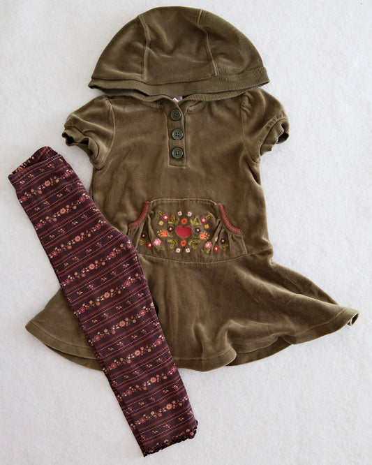 2006 Vintage Gymboree Harvest Leaves Olive Velour Hooded Dress & Floral Leggings Set, size 3T