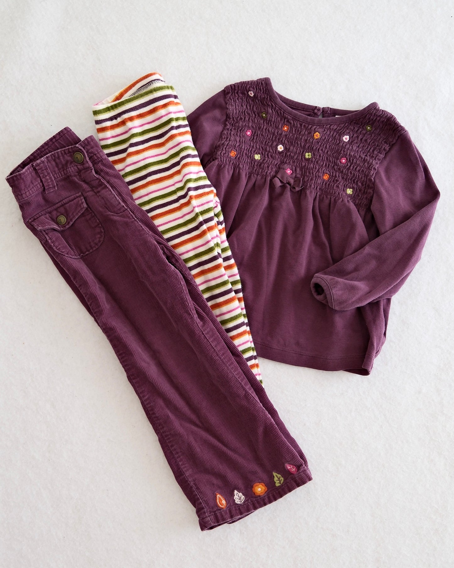 2007 Y2K Gymboree Fall Forest Purple Smocked Top, Cord Pants + Striped Leggings Bundle, size 2/3T