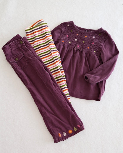 2007 Y2K Gymboree Fall Forest Purple Smocked Top, Cord Pants + Striped Leggings Bundle, size 2/3T