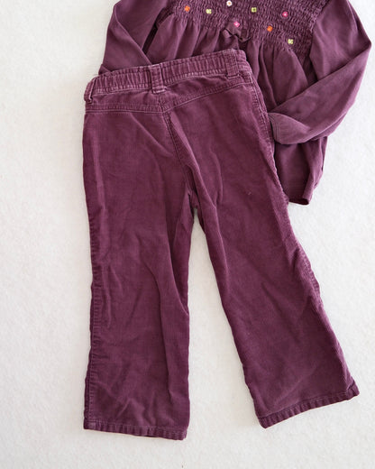 2007 Y2K Gymboree Fall Forest Purple Smocked Top, Cord Pants + Striped Leggings Bundle, size 2/3T