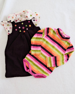 2008 Y2K Gymboree All About Buttons Top, Brown Corduroy Dress & Striped Bodysuit Set, size 3/3T