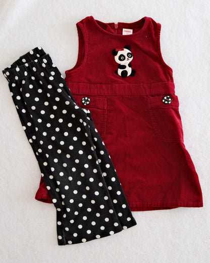 2008 Y2K Gymboree Holiday Panda Corduroy Jumper Dress & Polka Dot Pants Bundle, size 3T