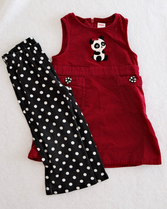 2008 Y2K Gymboree Holiday Panda Corduroy Jumper Dress & Polka Dot Pants Bundle, size 3T