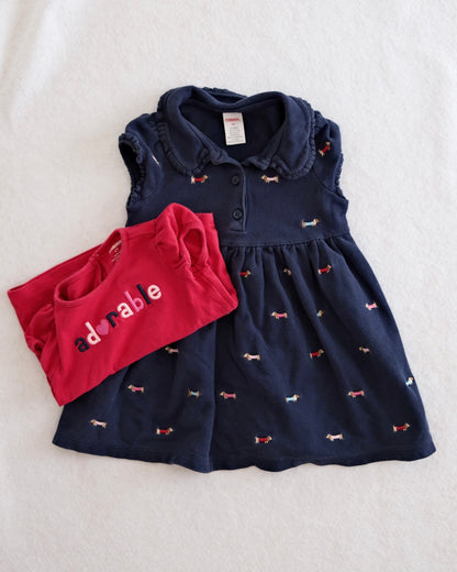 2008 Y2K Gymboree Puppy School Dachshund Embroidered Polo Dress & "Adorable" Top Set, size 2/3T