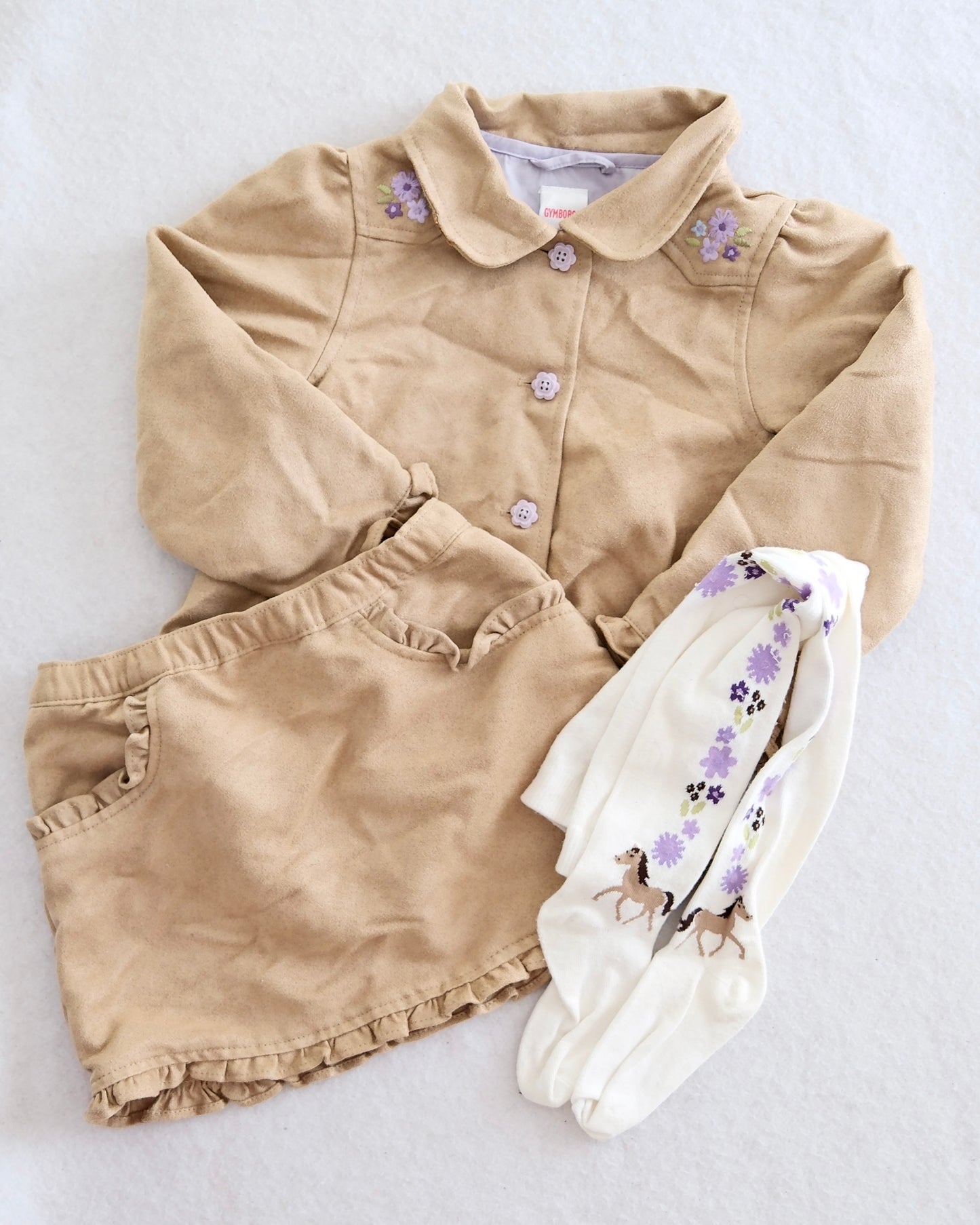 2009 Y2K Cowgirl at Heart Gymboree Faux Suede Jacket, Skirt & Horse Tights Set, size 3T