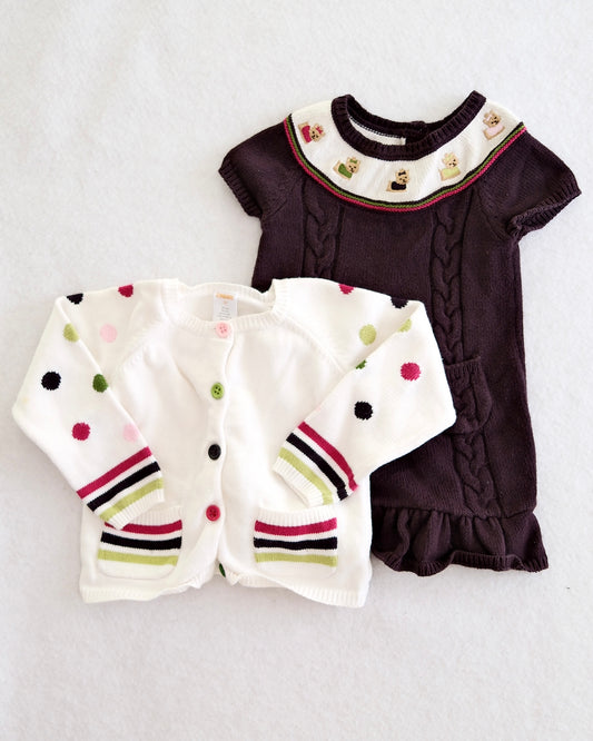 2010 Y2K Gymboree Pups & Kisses Dog Cable Knit Sweater Dress & Polka Dot Cardigan Set, size 2-3T
