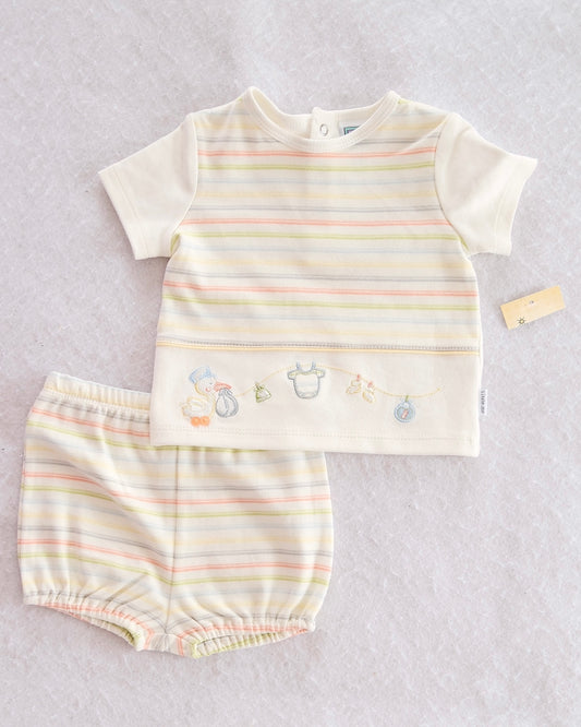 Vintage Little Me Pastel Stripe Stork Embroidered Two-Piece Set — NWT: 9M - Yellow Clover Vintage Kids Clothes