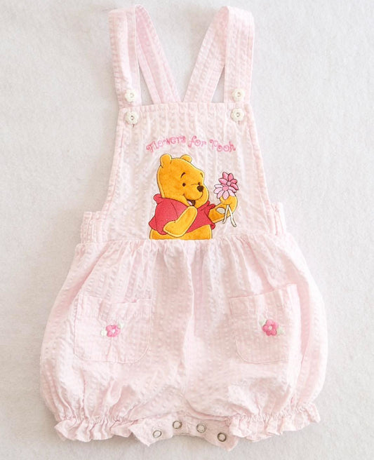 Vintage Pooh Flowers Pink Seersucker Baby Sunsuit Romper