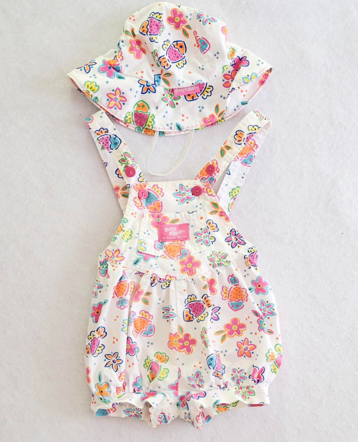 Vintage OshKosh Baby B’gosh Fish Flowers Bubble Romper Overalls Hat Set