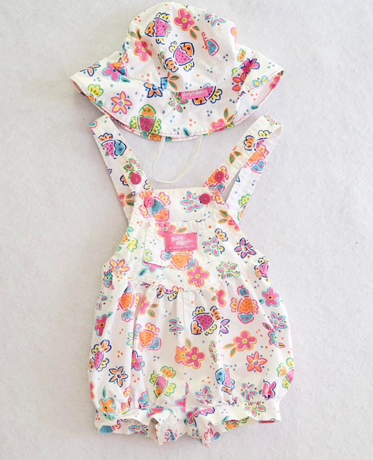 Vintage OshKosh Baby B’gosh Fish Flowers Bubble Romper Overalls Hat Set