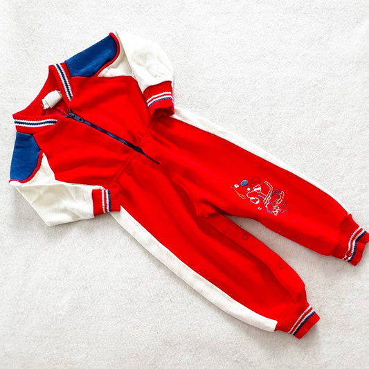 Vintage Bull Frog Knits Hockey Dog Embroidered Romper: 12m? - Yellow Clover Vintage Kids Clothes