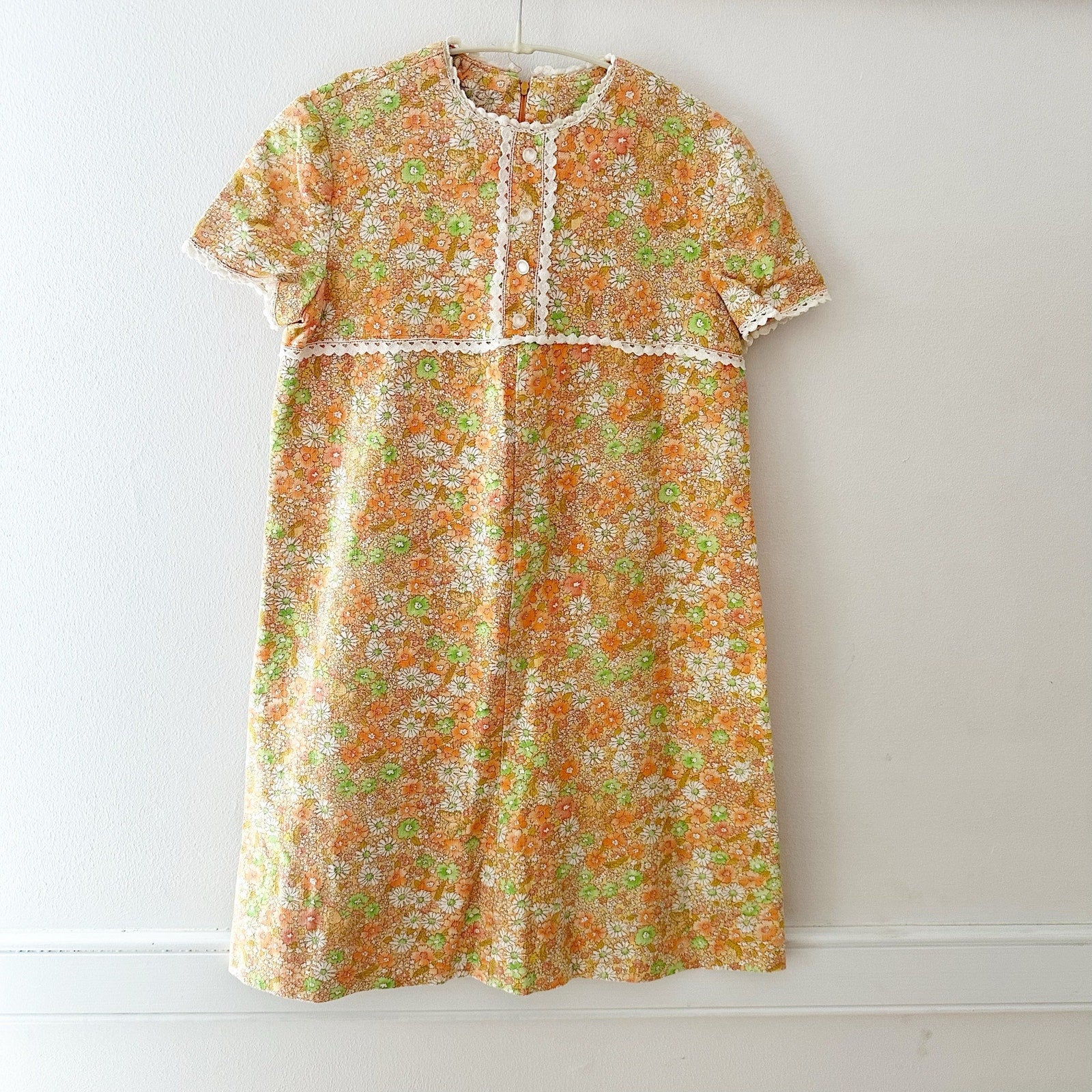 Vintage Handmade Light Orange Floral Shift Dress: 10y - Yellow Clover Vintage Kids Clothes