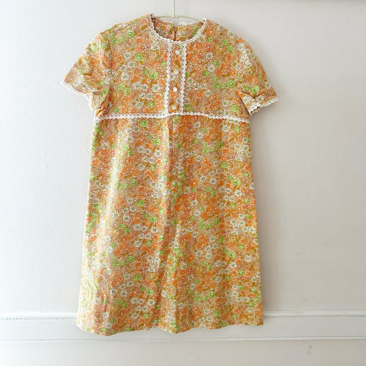 Vintage Handmade Light Orange Floral Shift Dress: 10y