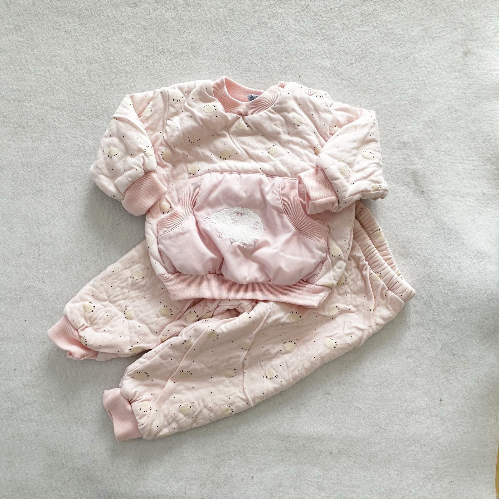 Vintage Flossy Sheep Applique Quilted Sweatshirt Set: 12m - Yellow Clover Vintage Kids Clothes