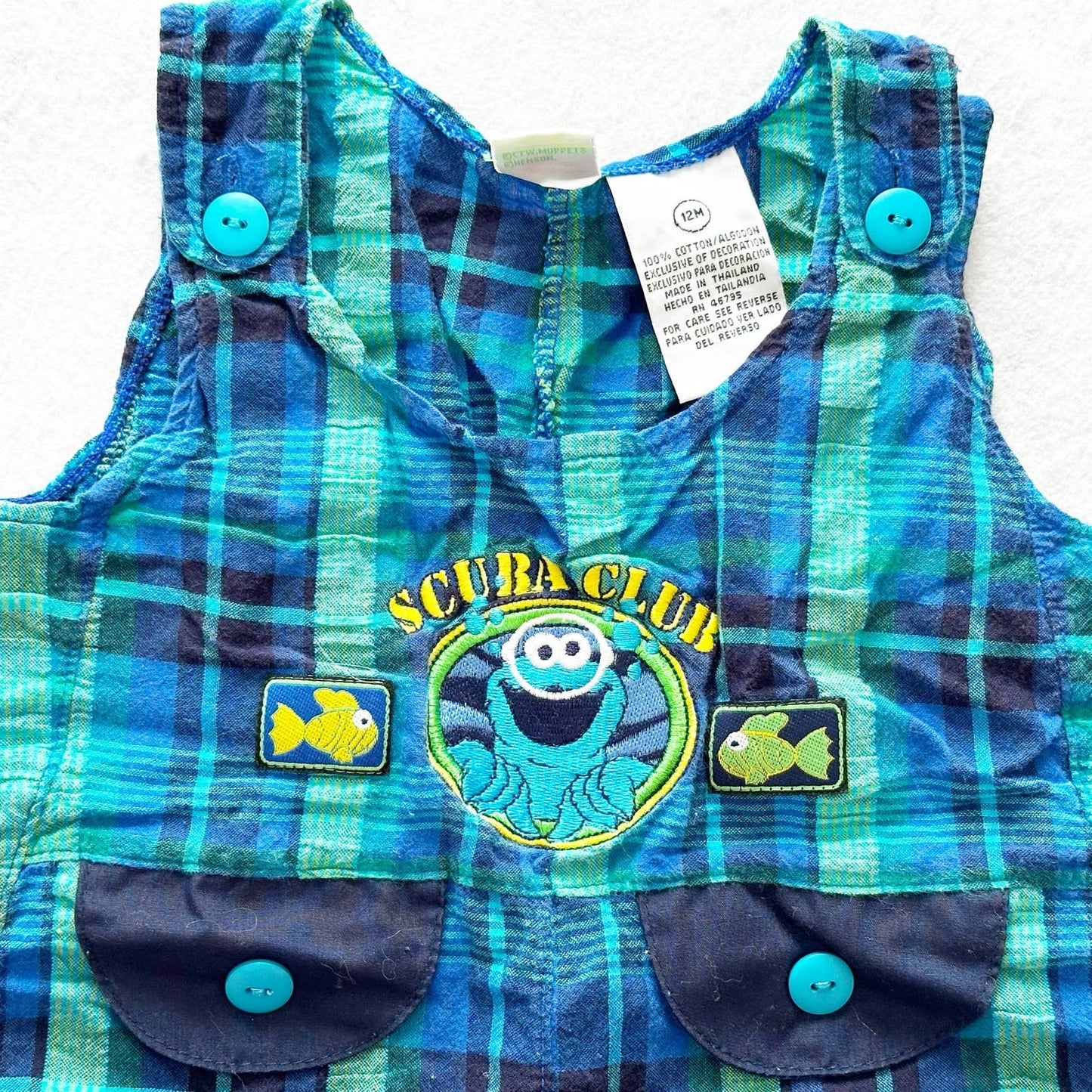 Vintage Sesame Street Cookie Monster Scuba Plaid Romper: 12m - Yellow Clover Vintage Kids Clothes