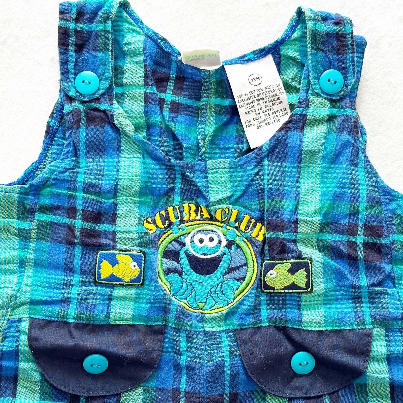 Vintage Sesame Street Cookie Monster Scuba Plaid Romper: 12m - Yellow Clover Vintage Kids Clothes