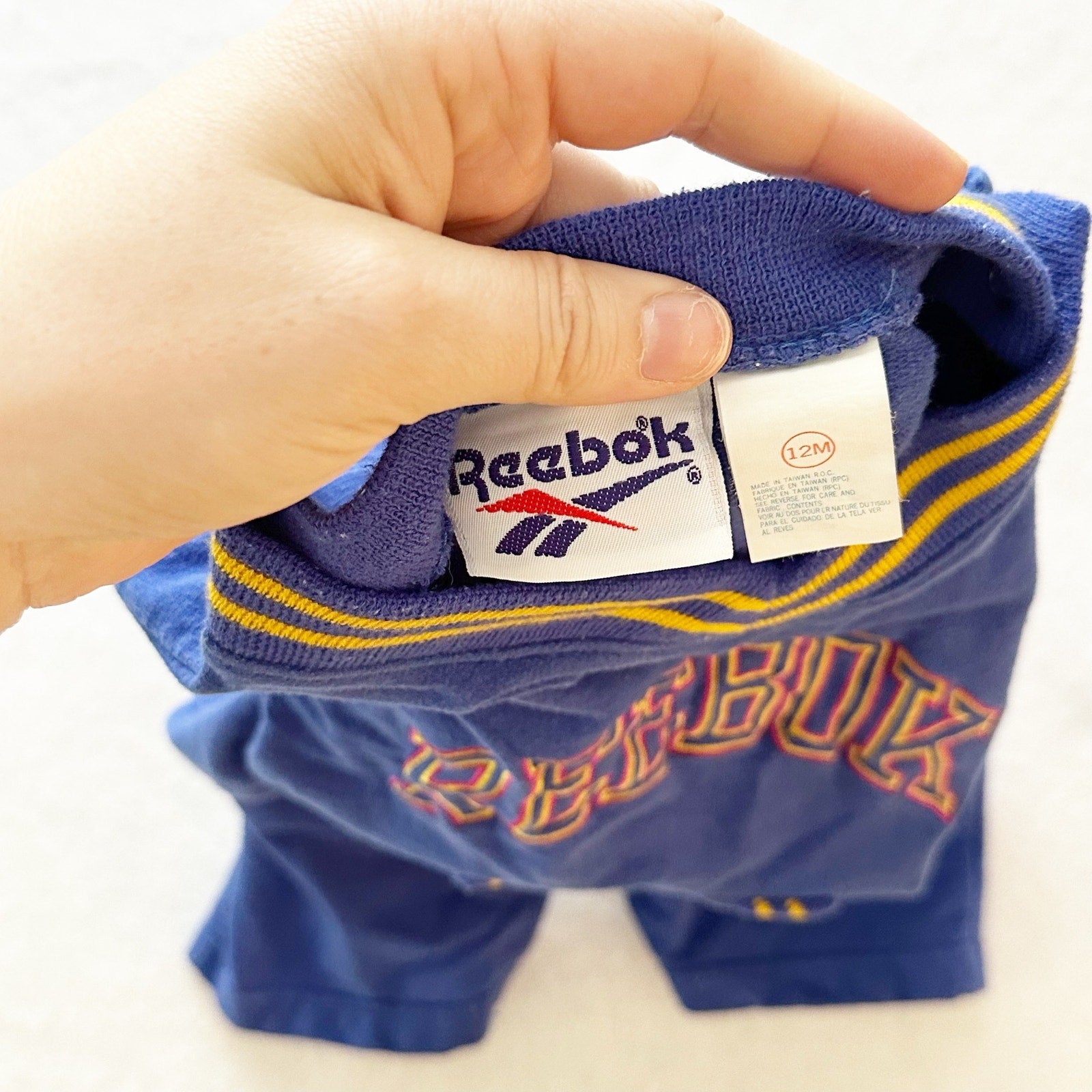 Y2K Reebok Logo Embroidered Baby Romper: 12m - Yellow Clover Vintage Kids Clothes