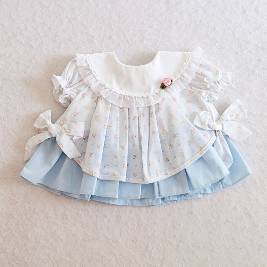 Vintage Bryan Blue Floral Pleated Baby Dress, 6m?