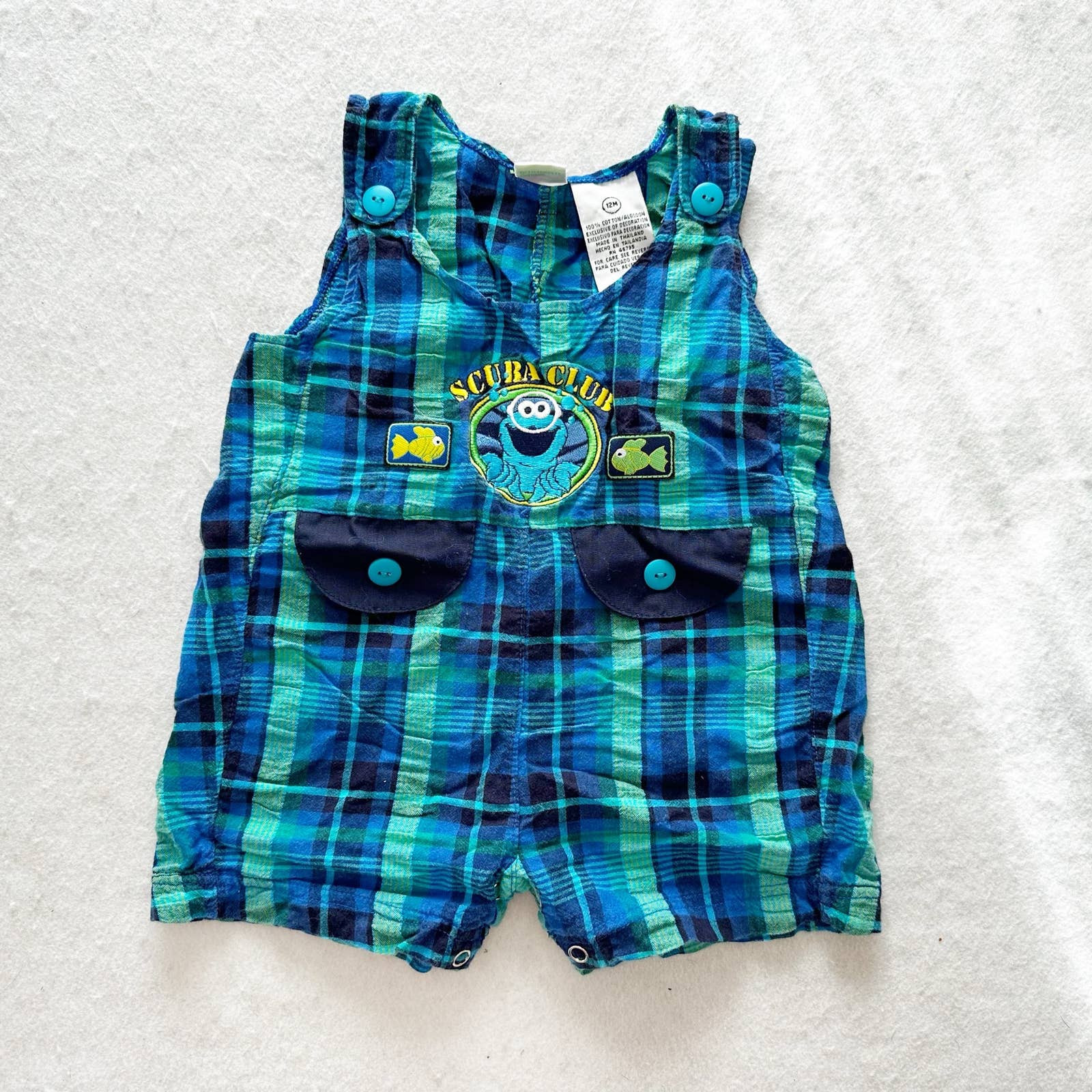 Vintage Sesame Street Cookie Monster Scuba Plaid Romper: 12m - Yellow Clover Vintage Kids Clothes